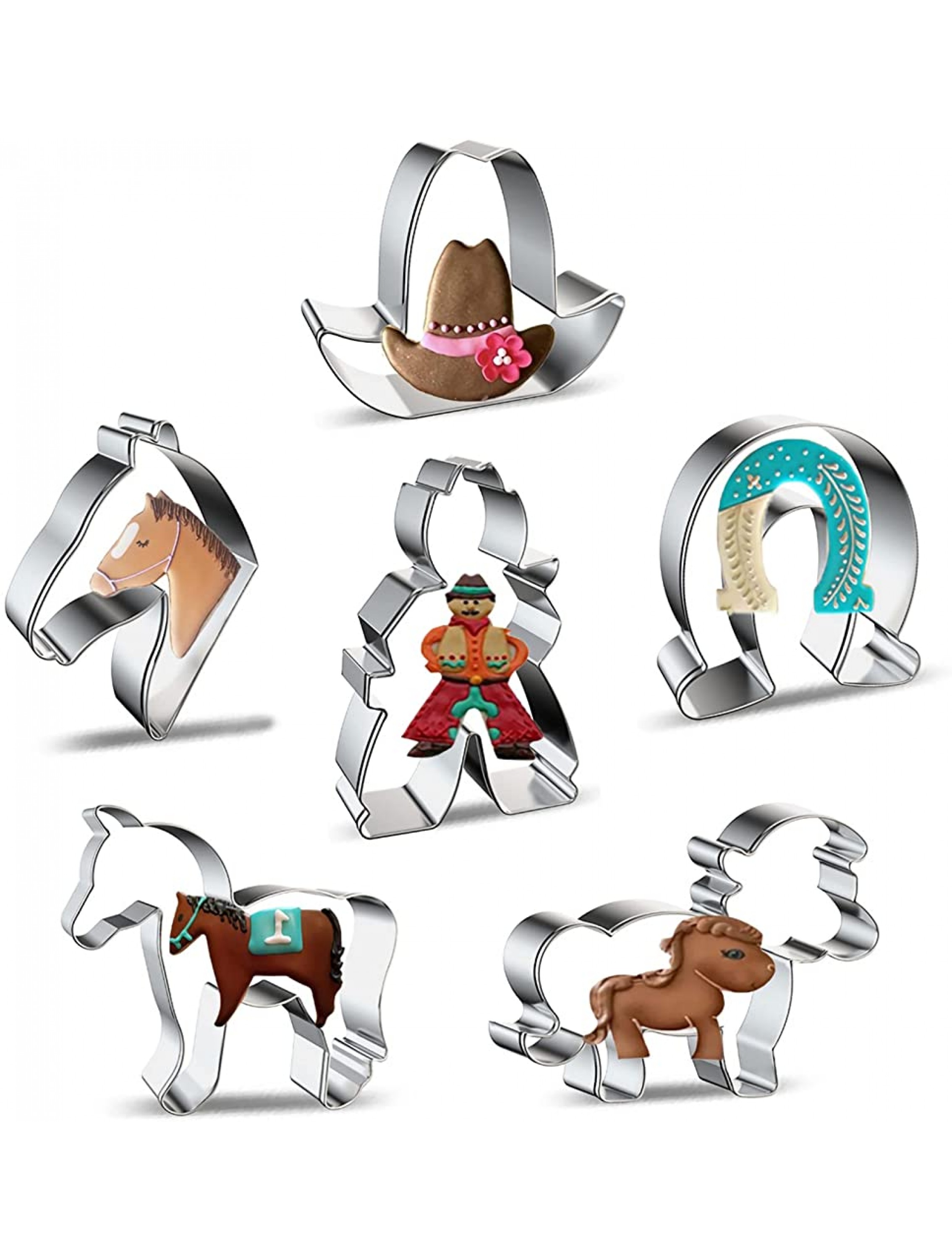 Horse Cowboy Cookie Cutters Shapes Baking Set 6 Pieces Stainless Steel Metal Mold with Horse Pony Horse Head Horseshoe Cowboy Cowboy Hat Cookie Cutter for Biscuit Pastry Fondant Gingerbread Cake - BCNTRS39C