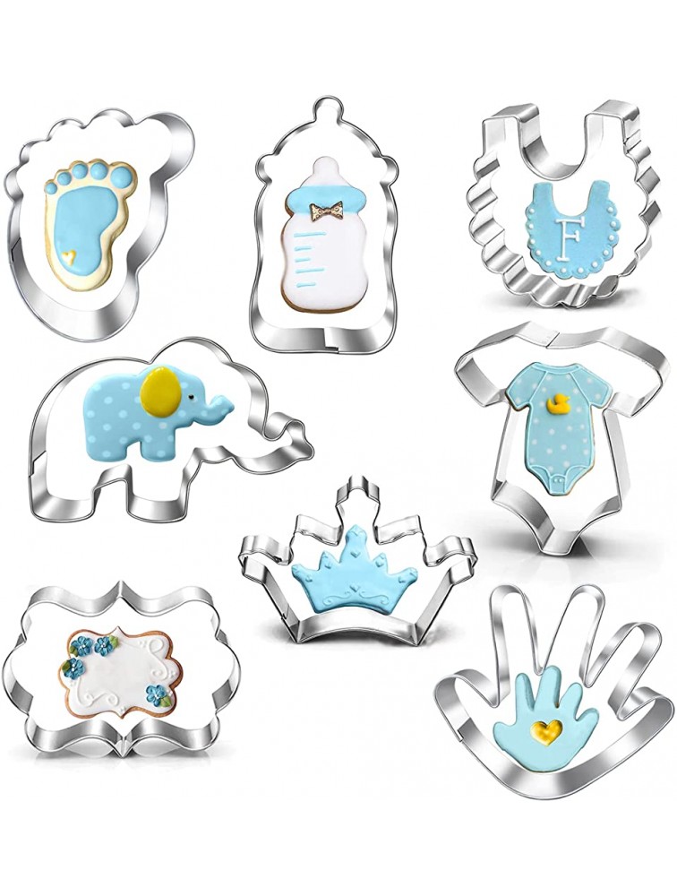 New Baby Shower Cookie Cutter Set-8 Piece- Onesie Bib Bottle,Elephant Crown Baby Foot Print Baby Hand and Plaque Cookie Cutter Molds for Baby Shower Party Favors supplies. - BOCGV8T40