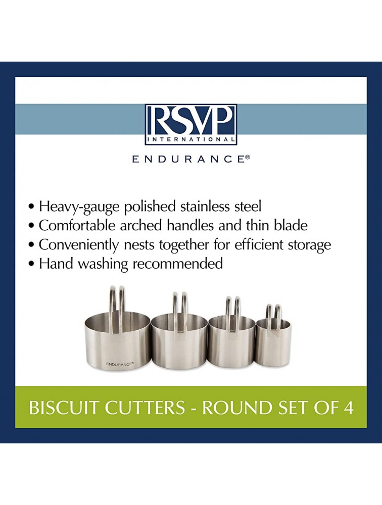 RSVP International Endurance Round Biscuit Cutters Stainless Steel Set of 4 | Nest for Easy Storage | For Cutting Thick or Thin Dough | Professional | High Handle Arch - BO9Q9M2VV