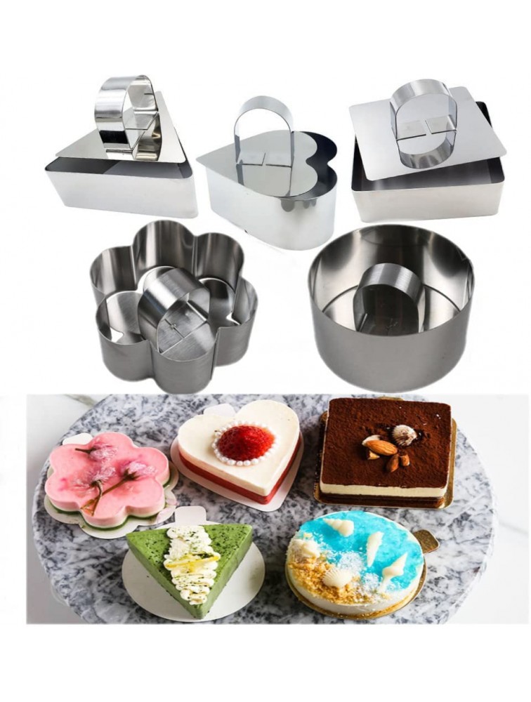 5 Pcs Stainless Steel Cake Ring Set 5 Shaped Stainless Steel Mousse Cake Mold with Push Plate Baked Pastry Ring Salad Dessert Mold and Cake Decorating Tool - B19YXN1KI