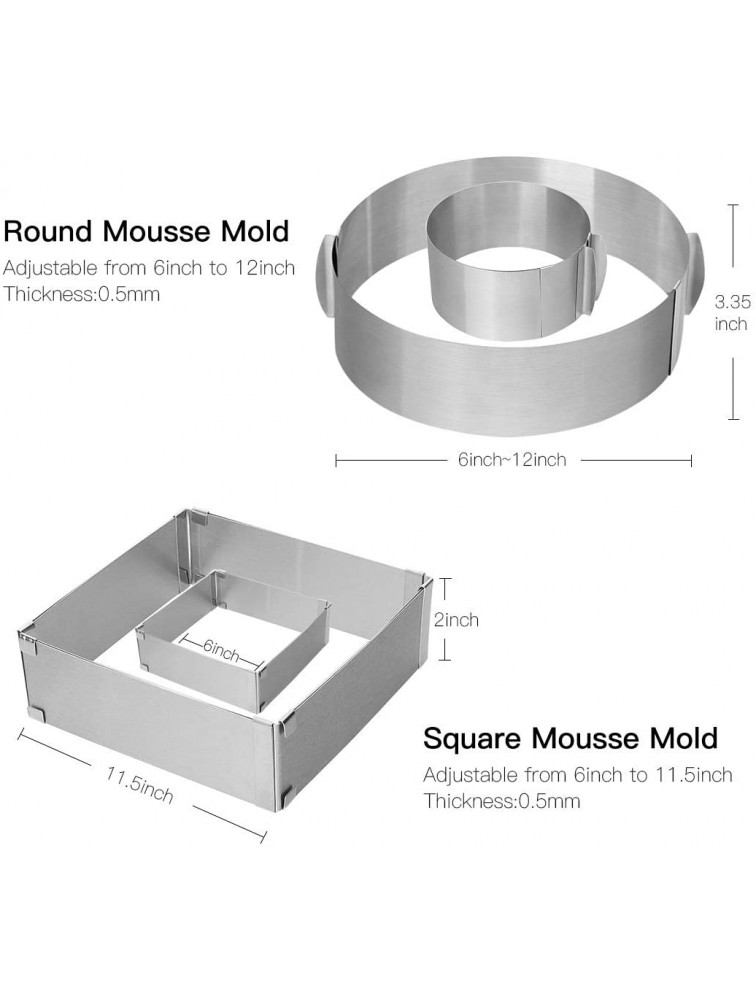 Adjustable Cake Mold Ring 2-piece Set 6-12 Inch Cake Mousse Ring Stainless Steel Round+Square - BGE6G2TU6
