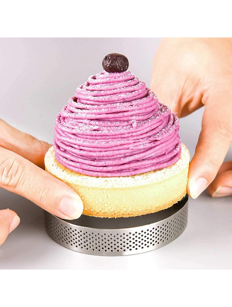 FANGSUN Round Tart Ring & Silicone Mold Stainless Steel Heat-Resistant Perforated Cake Mousse Ring 8 Cavities Round Dessert Mold Tray Set of 3 - B7D345S8I