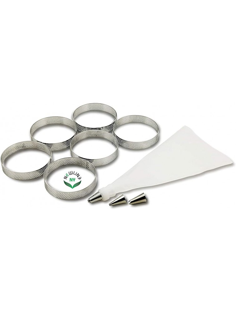 NewlineNY Stainless Steel French Pastry Tart Ring Baking Kit 6 Perforated Round Dessert Rings + 3 Nozzles + 1 Sample Decorating Piping bag Kit - BFX5I0N7C