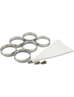 NewlineNY Stainless Steel French Pastry Tart Ring Baking Kit 6 Perforated Round Dessert Rings + 3 Nozzles + 1 Sample Decorating Piping bag Kit - BFX5I0N7C