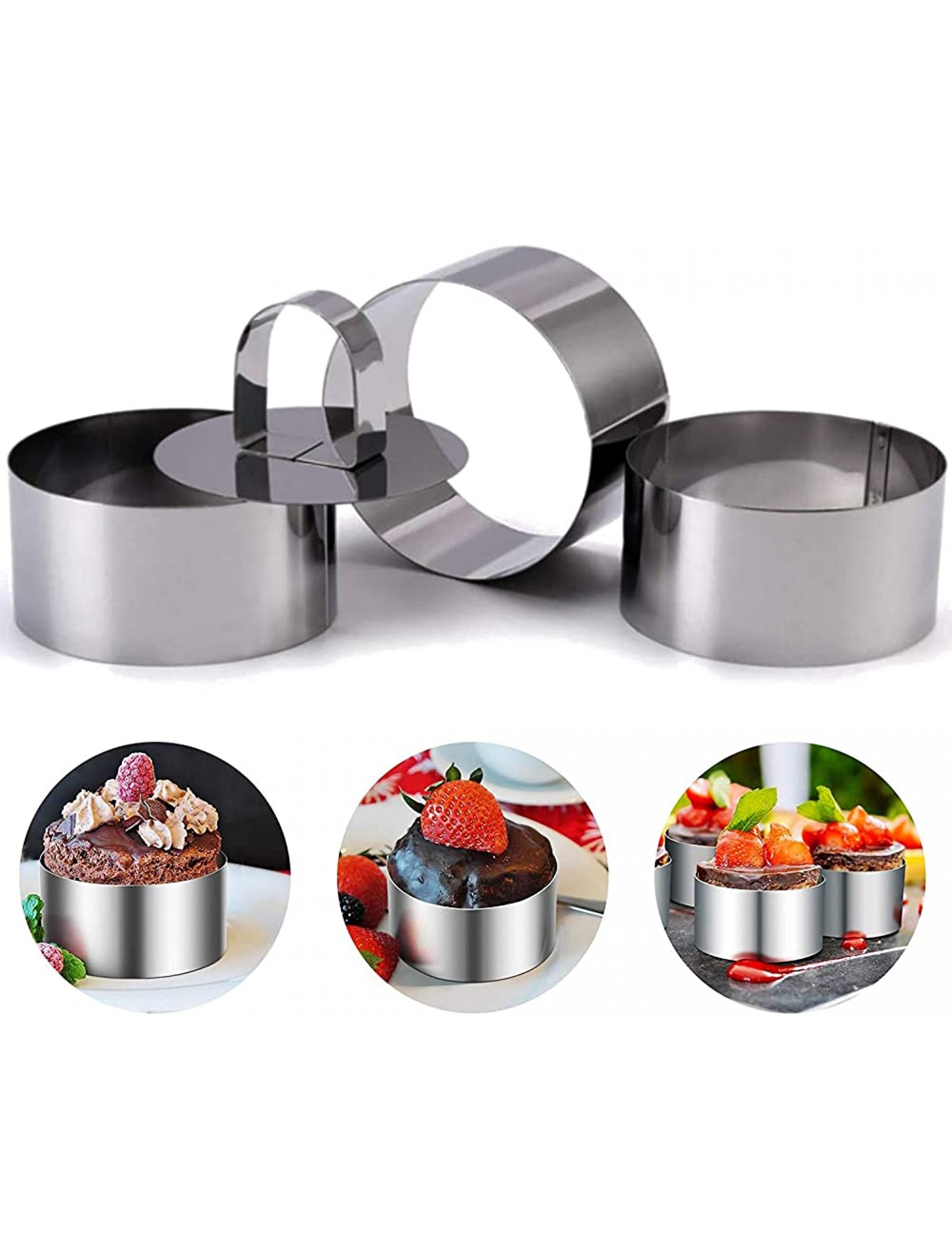 Set of 4 Round Stainless Steel Small Cake Rings for Baking Mousse Mini Cake Molds and Pastry Rings Food Ring Mould Dessert Ring Molds for Cooking Pastry Cake Set of 4 with 4 Pusher - BXRR3Y9GT