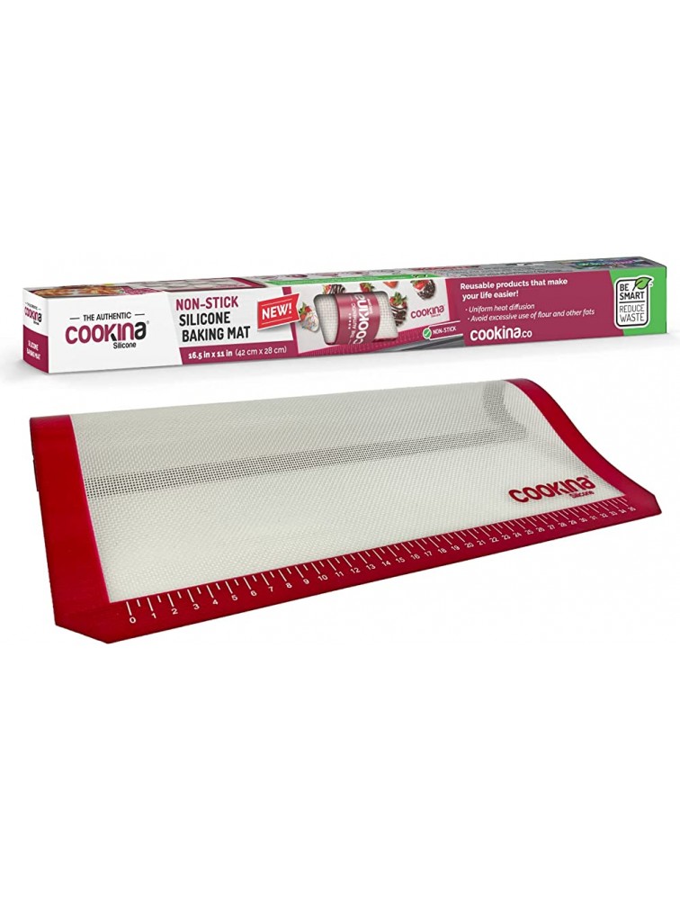 COOKINA Silicone Reusable Baking Mat 100% Non-Stick Easy to Clean Cooking Sheet for Gas Electric Toaster and Convection Ovens 16.5 x11-inch White and Red - BSX5TTOXJ