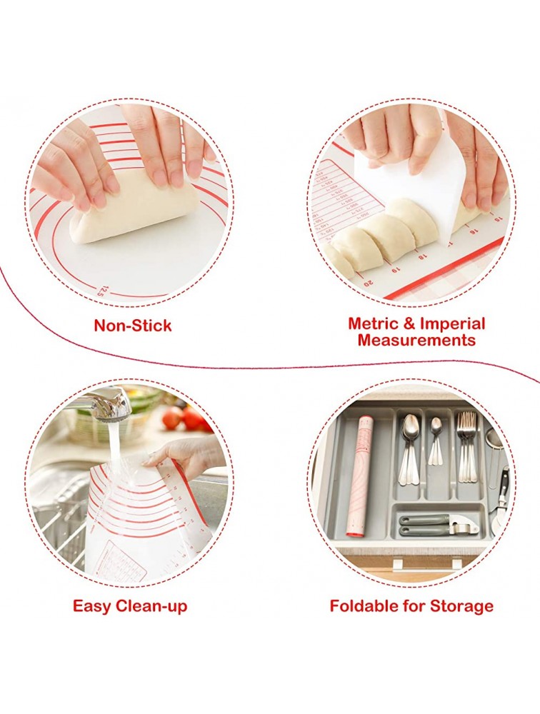 Mixoo Silicone Baking Mat with Wooden Rolling Pin Set Non-Stick Food Safe Dough Rolling Pastry Mat with a French Rolling Pin and 2 Dough Scrapers for Baking Fondant Pie Crust Pizza Bread Cookie - BDWX3MSI7