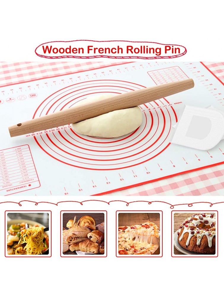 Mixoo Silicone Baking Mat with Wooden Rolling Pin Set Non-Stick Food Safe Dough Rolling Pastry Mat with a French Rolling Pin and 2 Dough Scrapers for Baking Fondant Pie Crust Pizza Bread Cookie - BDWX3MSI7