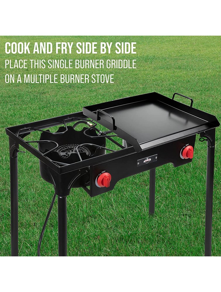 Hike Crew Non-Stick Griddle for Single Burner Outdoor Stove | Pre-seasoned Camping Skillet Pan w Easy-Clean Surface Oil Reservoir & Grease Cup Raised Edges Built-In Handles & Carry Bag | 19” x 17” - BSWLNA4MM