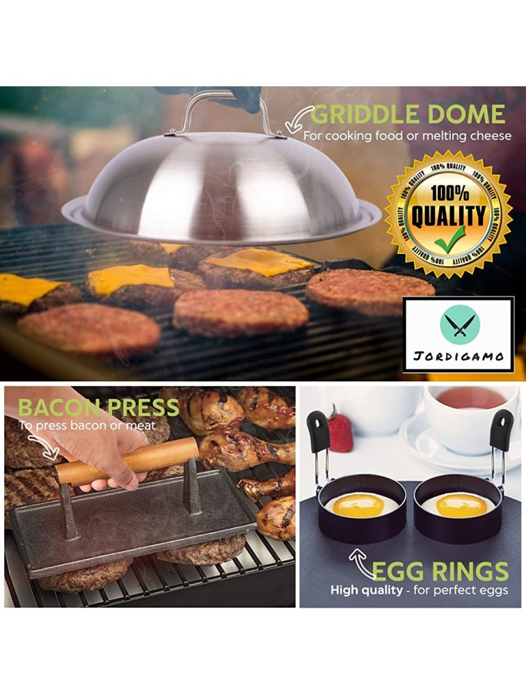 JORDIGAMO Griddle Accessories Kit 8 Flat Top Grill Accessories Set for Blackstone & Camp Chef Hibachi BBQ Tools 12″ Cheese Melting Griddle Dome Cover Set Bacon Press 4 Egg Rings Brush & Bottle - BPU7F5EQ6