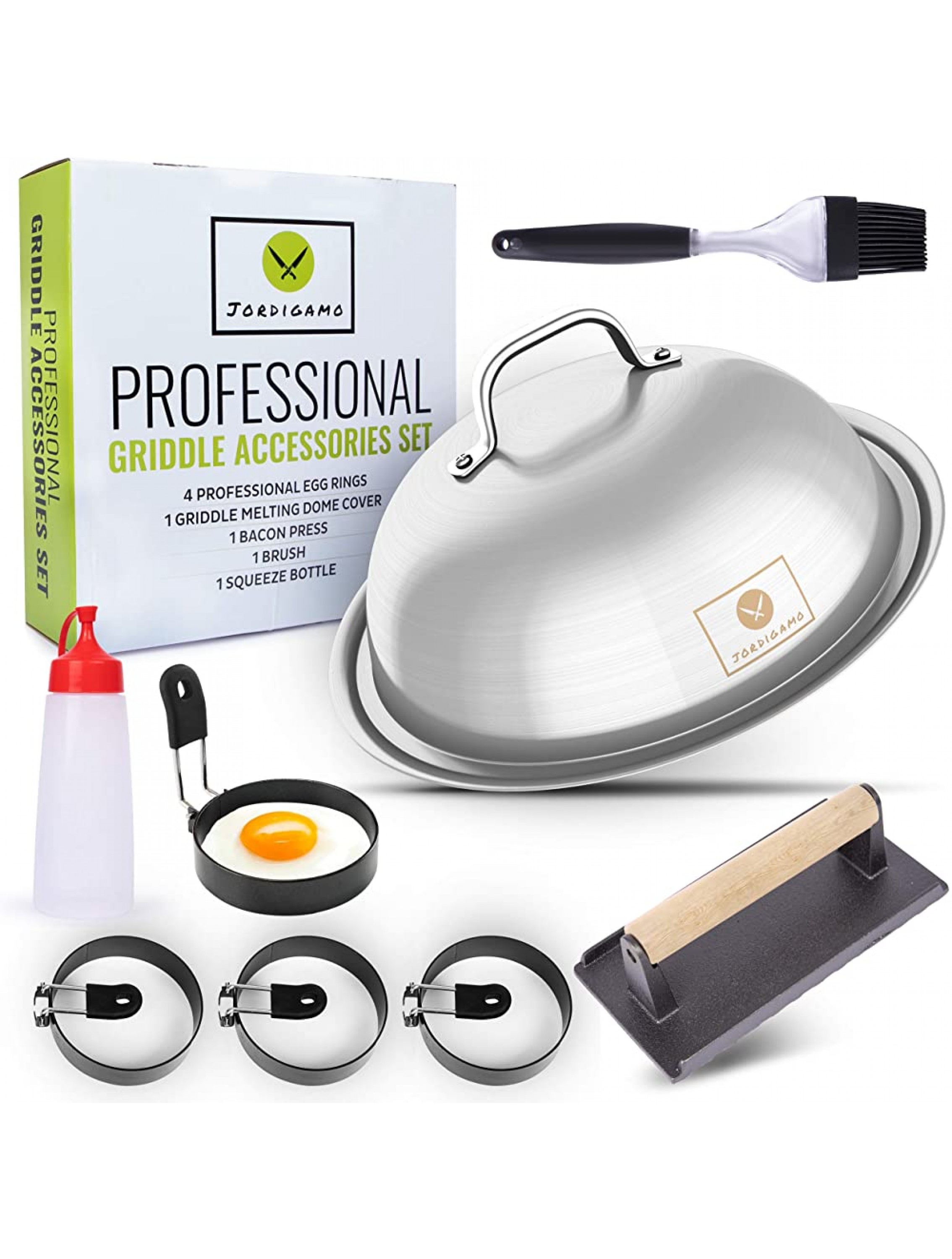 JORDIGAMO Griddle Accessories Kit 8 Flat Top Grill Accessories Set for Blackstone & Camp Chef Hibachi BBQ Tools 12″ Cheese Melting Griddle Dome Cover Set Bacon Press 4 Egg Rings Brush & Bottle - BPU7F5EQ6