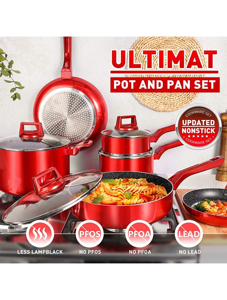 10 Pcs Pots and Pans Sets Nonstick Cookware Set Induction Pan Set Chemical-Free Kitchen Sets Stone-Derived Coating Saucepan Saute Pan with Lid Frying Pan Red - BWQLXBVEP