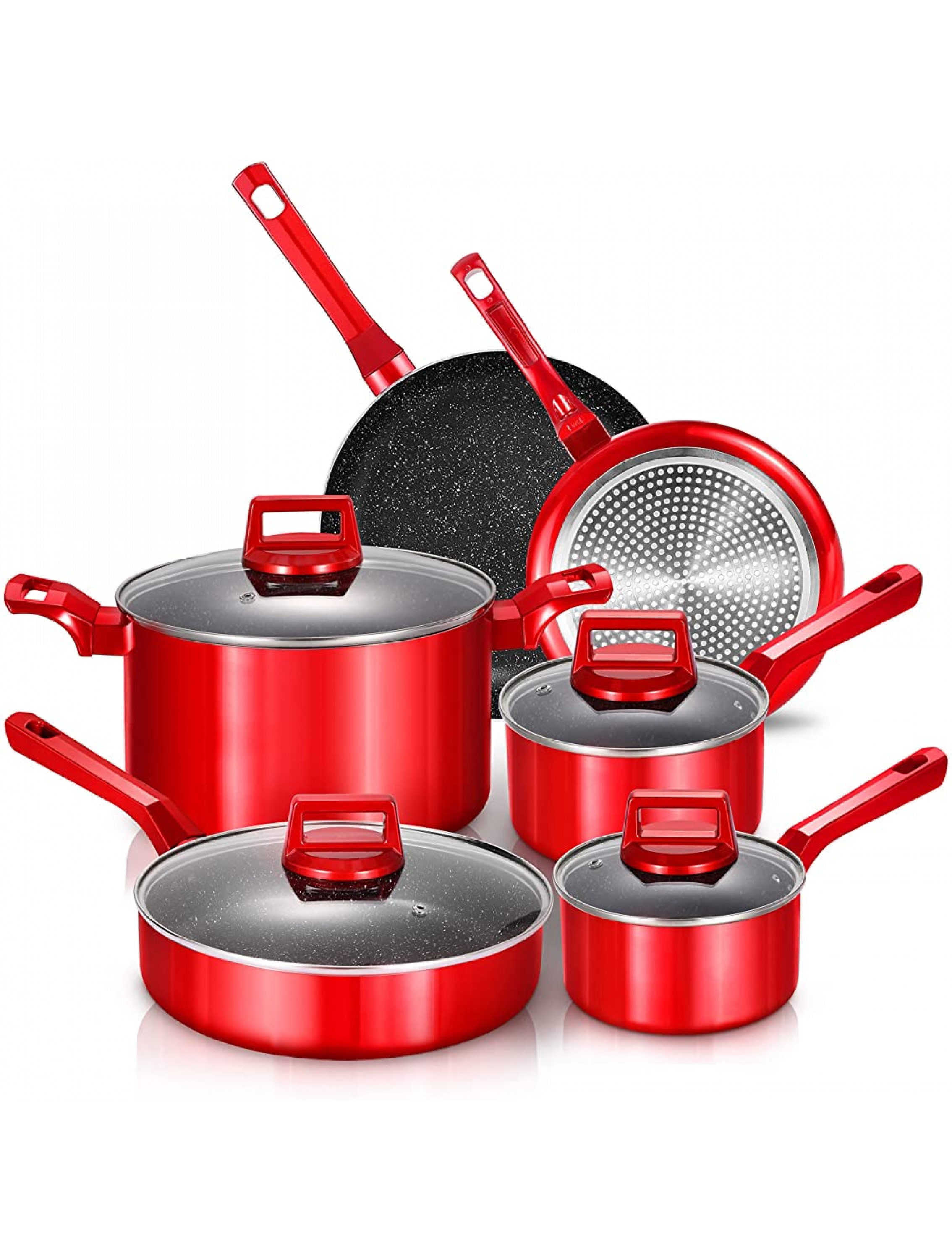 10 Pcs Pots and Pans Sets Nonstick Cookware Set Induction Pan Set Chemical-Free Kitchen Sets Stone-Derived Coating Saucepan Saute Pan with Lid Frying Pan Red - BWQLXBVEP