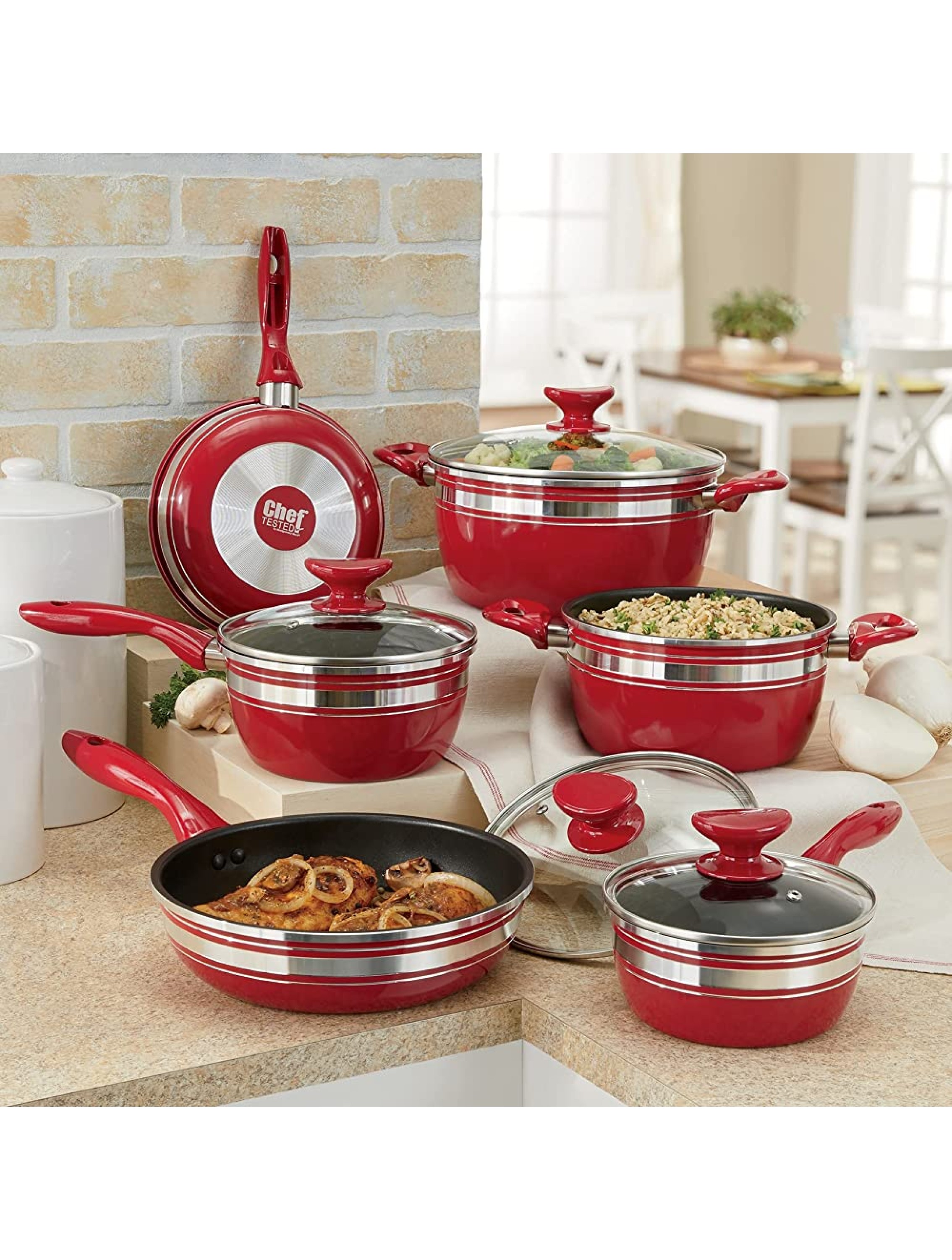 10-Piece Chef Tested Banded Cookware Set Red from Montgomery Ward - BZG7F5GNJ