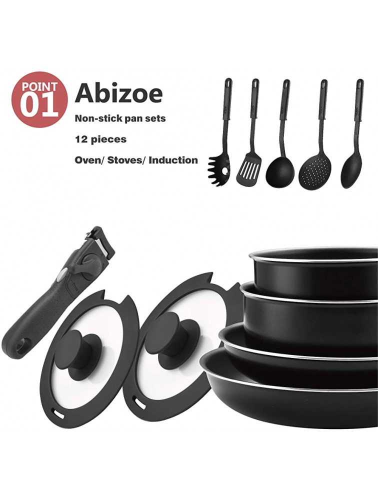 Abizoe 12 Piece Non-Stick Cookware Set Non-Stick Pans and Pots with Removable Handles Space Efficient Excellent for RVs and Compact Kitchen Black 12 pieces - B0FCJPKRN