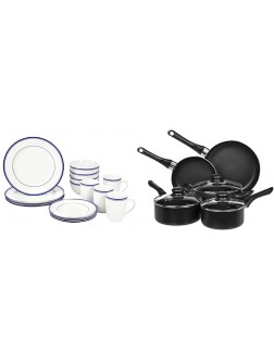 Basics 16-Piece Cafe Stripe Kitchen Dinnerware Set Plates Bowls Mugs Service for 4 Blue & Non-Stick Cookware Set Pots and Pans 8-Piece Set - B94DEG09R