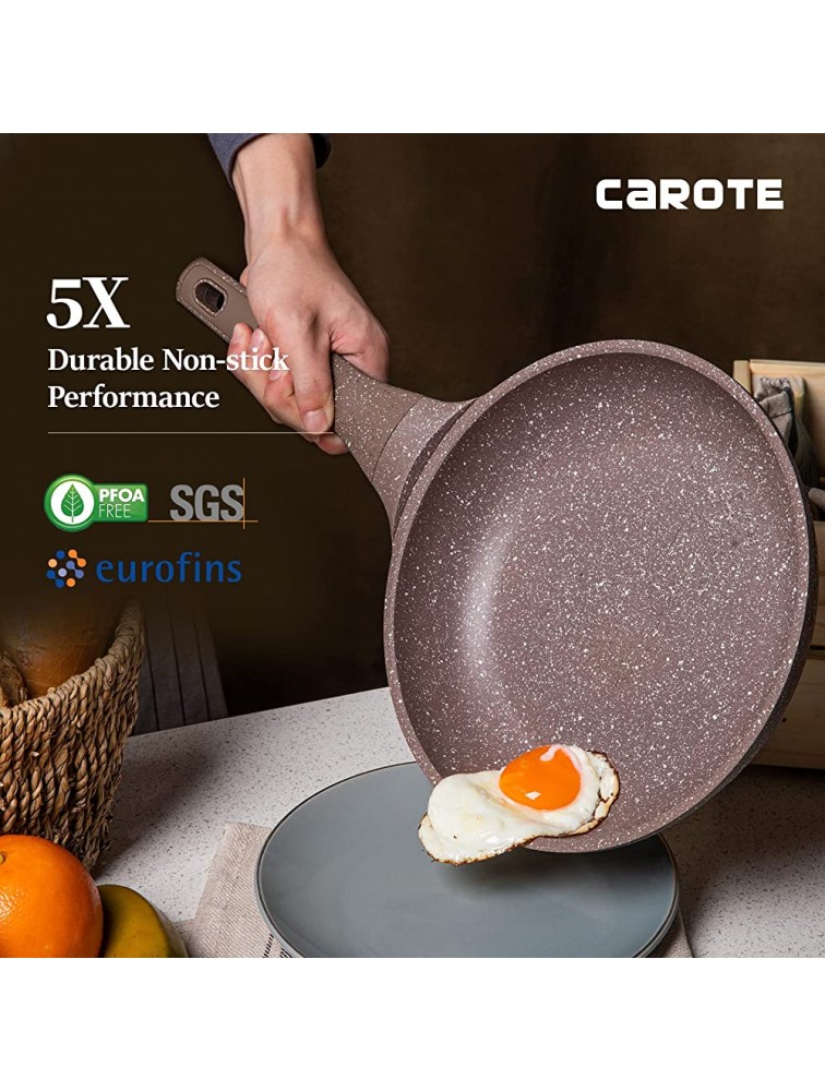 Carote Granite Nonstick Cookware Set 10 Piece Pots and Pans Set Nonstick Healthy Non Stick Stone Cookware Kitchen Cooking Set with Frying Pans PFOA FREE Brown Granite Induction Cookware - BKTAK1KJE