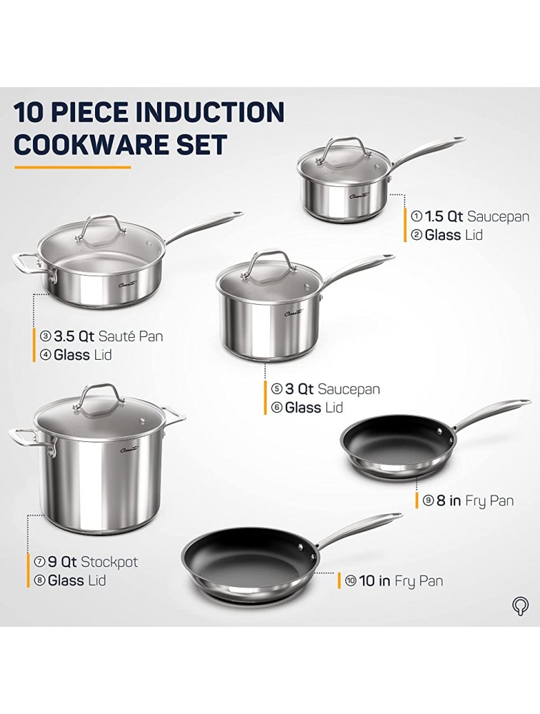 Ciwete Stainless Steel Pots and Pans Set 10 Piece Kitchen Cookware Set with Tri-Ply Bases and Lids Pots and Pans Set with Nonstick Pan 18 10 Stainless Steel Induction Cookware - B6ZY2BO7R