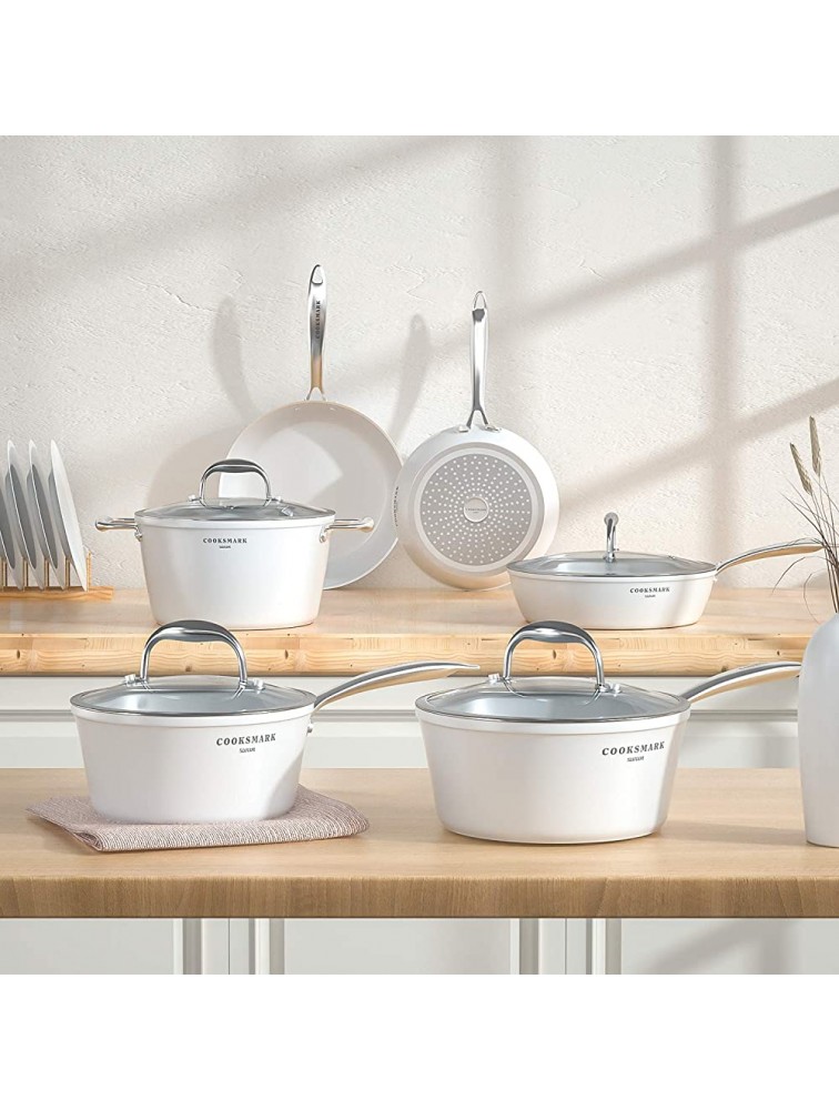COOKSMARK Nonstick Ceramic Cookware Set Induction & Dishwasher Safe Scratch-Resistant Pots and Pans Set with Glass Lids 10 Pieces White - BLFKXM0E8