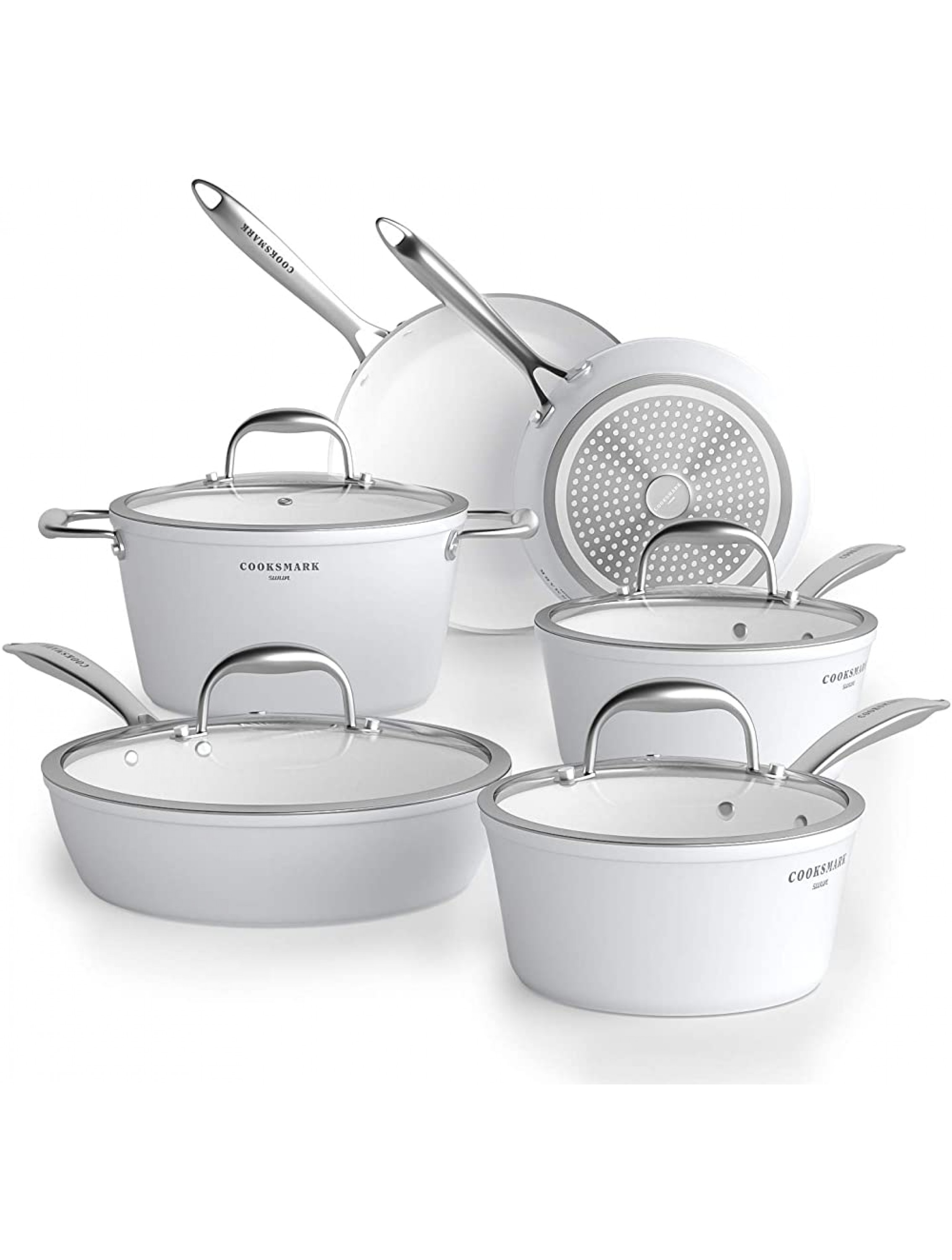 COOKSMARK Nonstick Ceramic Cookware Set Induction & Dishwasher Safe Scratch-Resistant Pots and Pans Set with Glass Lids 10 Pieces White - BLFKXM0E8