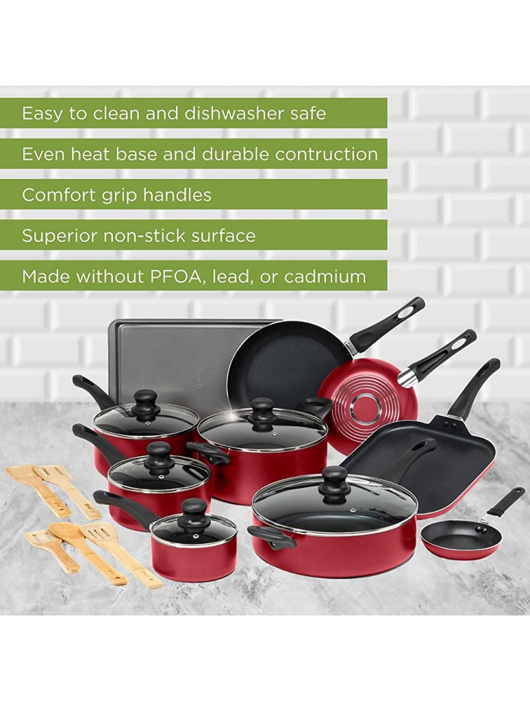 Ecolution Easy Clean Non-Stick Cookware Dishwasher Safe Pots and Pans Set 20 Piece Red - BS65KQ2IU
