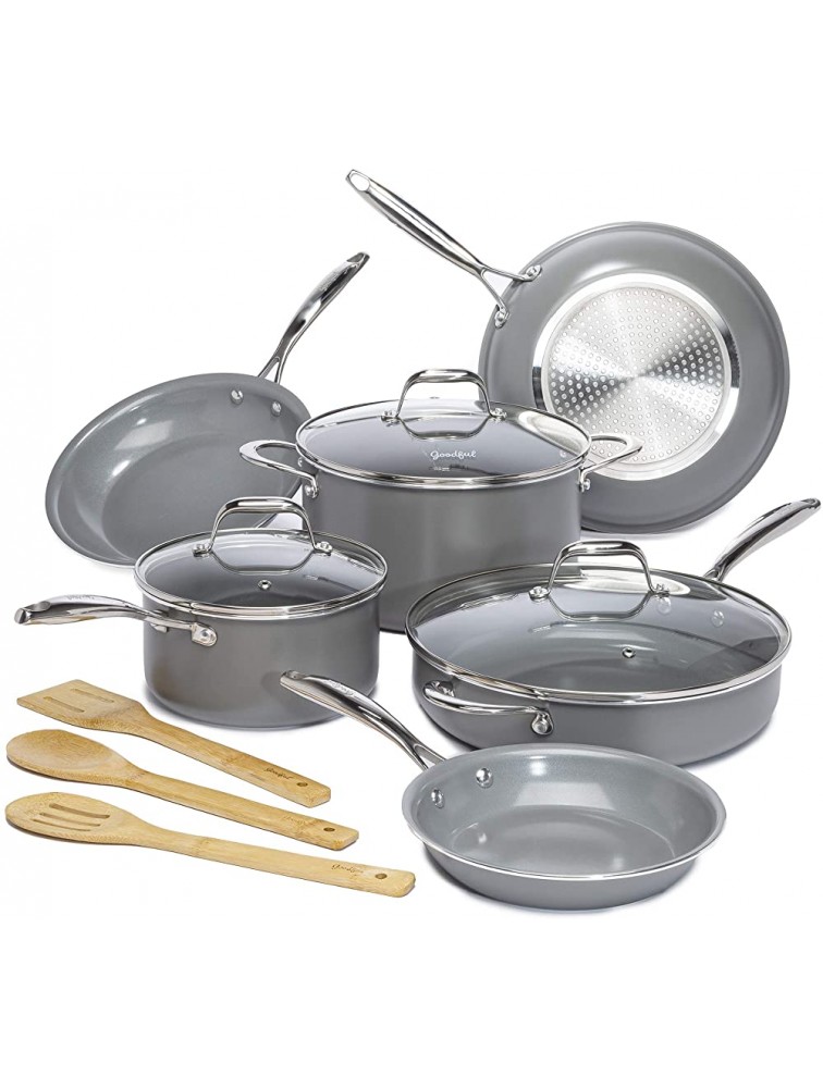 Goodful 12 Piece Cookware Set with Titanium-Reinforced Premium Non-Stick Coating Dishwasher Safe Tempered Glass Steam Vented Lids Stainless Steel Handles Gray - BWHKT6CRI