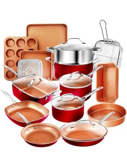 Gotham Steel Cookware + Bakeware Set with Nonstick Durable Ceramic Copper Coating – Includes Skillets Stock Pots Deep Square Fry Basket Cookie Sheet and Baking Pans 20 Piece Red - BOR66IWR9