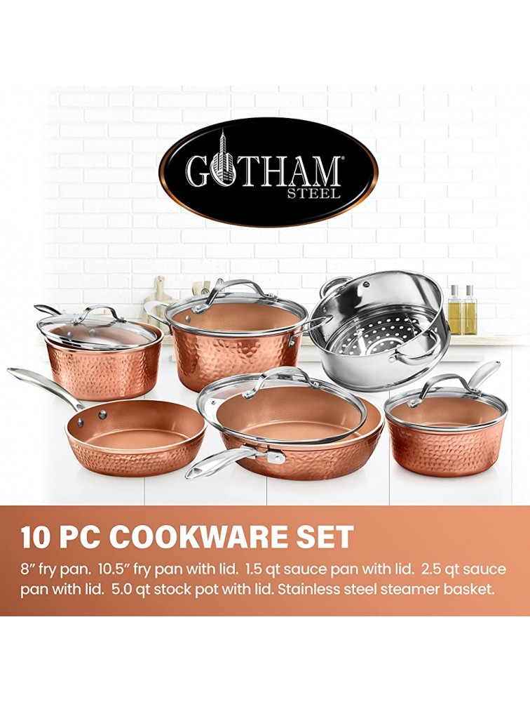Gotham Steel Hammered Collection Pots and Pans 10 Piece Premium Ceramic Cookware Set – with Triple Coated Ultra Nonstick Surface for Even Heating Oven Stovetop & Dishwasher Safe - BUBRYQUW9