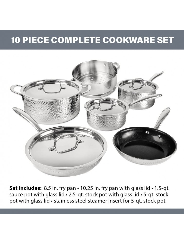 Granitestone Hammered Stainless Steel Pots and Pans Set Tri Ply Ultra-Premium Ceramic Cookware Set with Nonstick Coating Kitchen Set Nonstick Frying Pans Stock Pots & Skillets Hammered Finish - BUO0OKJFL