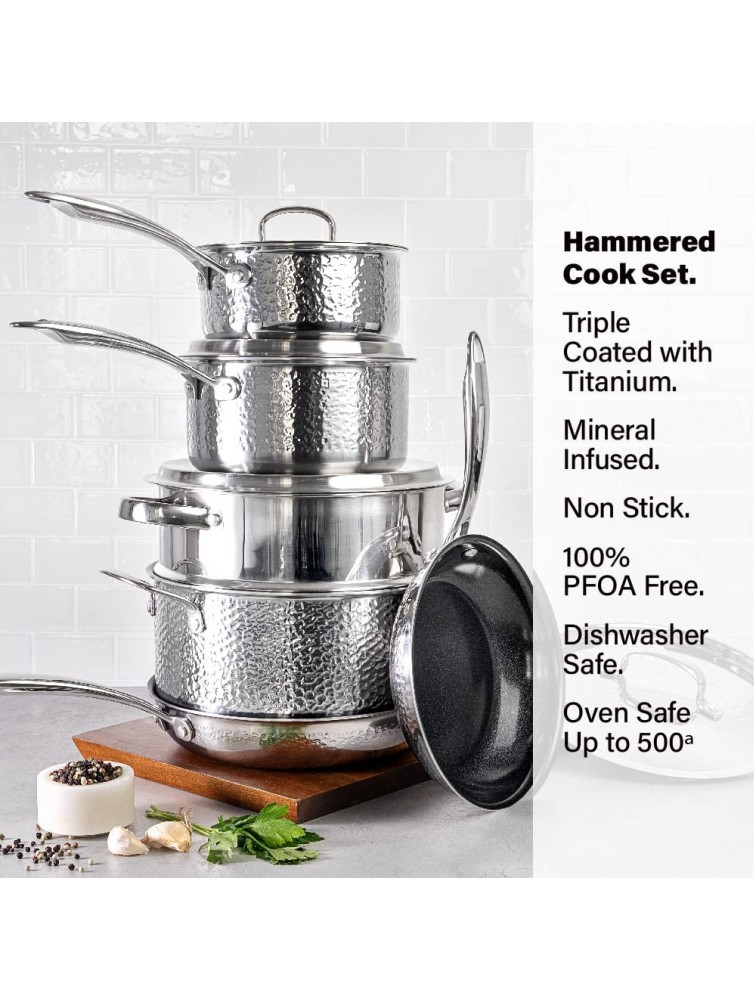 Granitestone Hammered Stainless Steel Pots and Pans Set Tri Ply Ultra-Premium Ceramic Cookware Set with Nonstick Coating Kitchen Set Nonstick Frying Pans Stock Pots & Skillets Hammered Finish - BUO0OKJFL