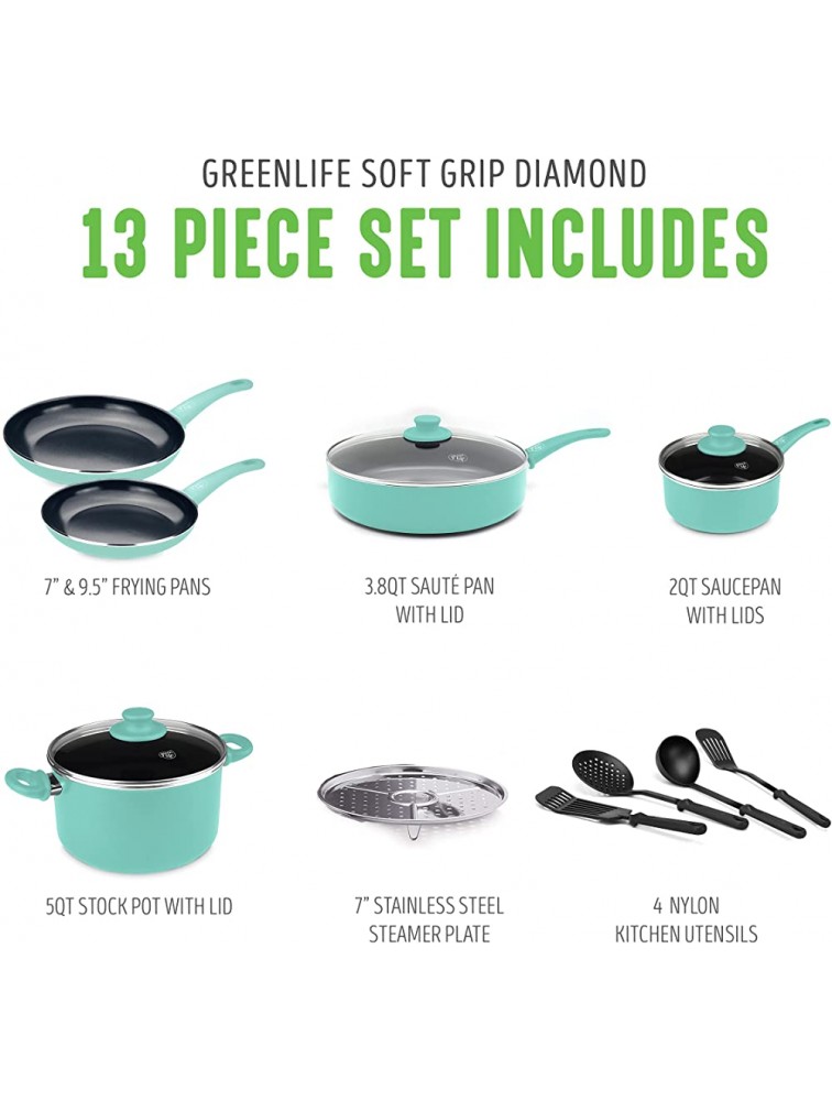 GreenLife Soft Grip Diamond Healthy Ceramic Nonstick 13 Piece Cookware Pots and Pans Set PFAS-Free Dishwasher Safe Turquoise Diamond Cookware - B3AHKA5KO