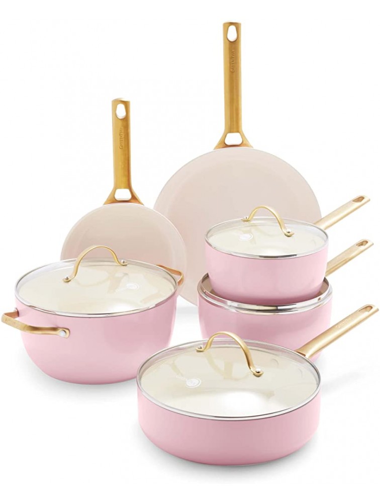 GreenPan Reserve Hard Anodized Healthy Ceramic Nonstick 10 Piece Cookware Pots and Pans Set Gold Handle PFAS-Free Dishwasher Safe Oven Safe Blush Pink - BA3QUP9UF