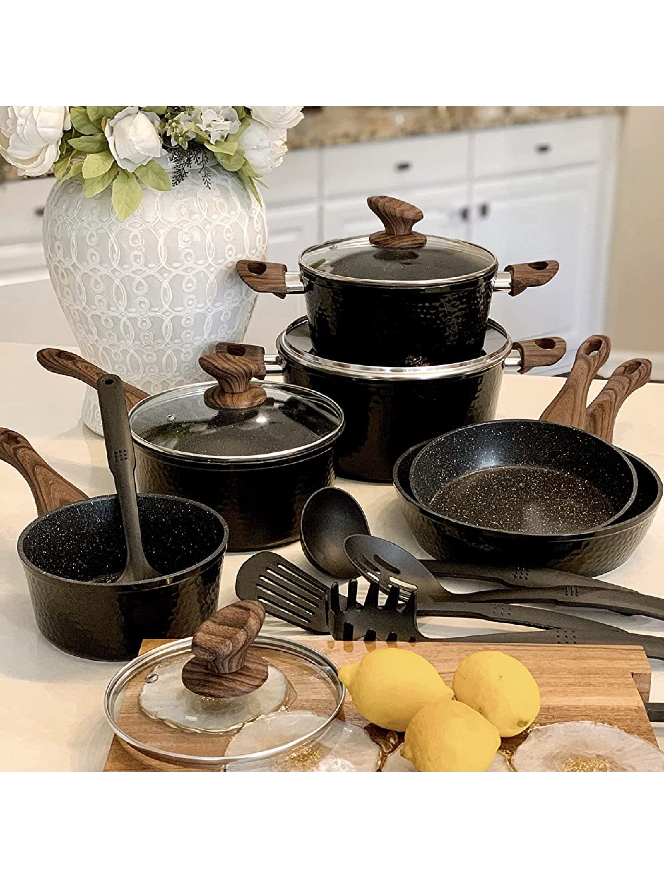 Induction Kitchen Cookware Sets Nonstick Granite Hammered Pan Set Dishwasher Safe Cooking Pots and Pans Set - BQNXHD4DQ