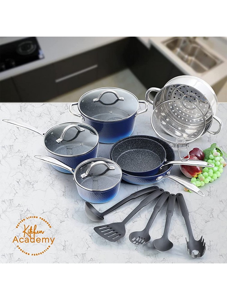 Kitchen Academy 15 Piece Nonstick Granite Coated Cookware Set Complete Pots and Pans Set with Tools - B0G9SLB2P