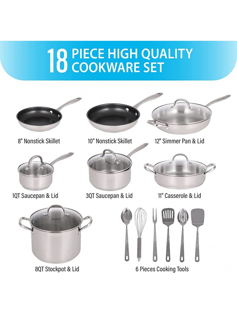 MAISON ARTS Classic Stainless Steel Cookware Set 18 Piece Nonstick Pots and Pans Set Kitchen Cooking Set Works with Induction Ceramic Electric and Gas Cooktops - B8BO37TVY
