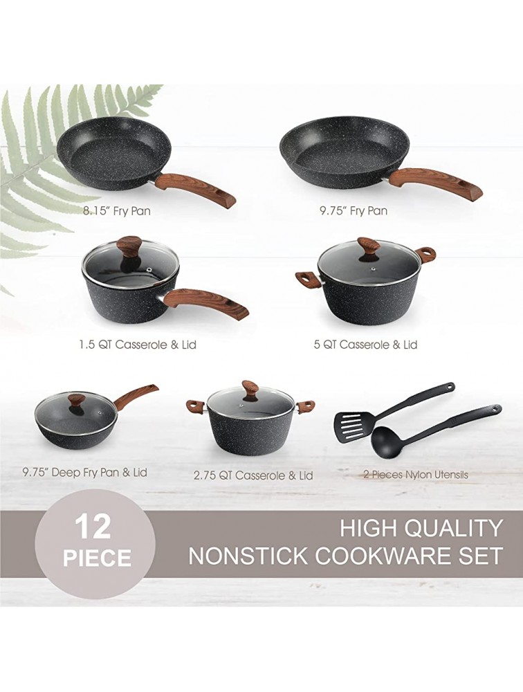 MAISON ARTS Kitchen Nonstick Cookware Sets Granite Coating Frying Pan Skillets Stock Pot 12 Piece Induction Pan Sets Suitable for All Stoves Dishwasher Safe - BJ875EFRA