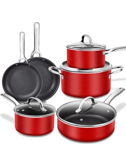 Nonstick Cookware Set 10 Piece Induction Pots and Pans Set Kitchen Cooking Pots with Vented Glass Lids Dishwasher Oven Safe Red - BBLHUCHTD