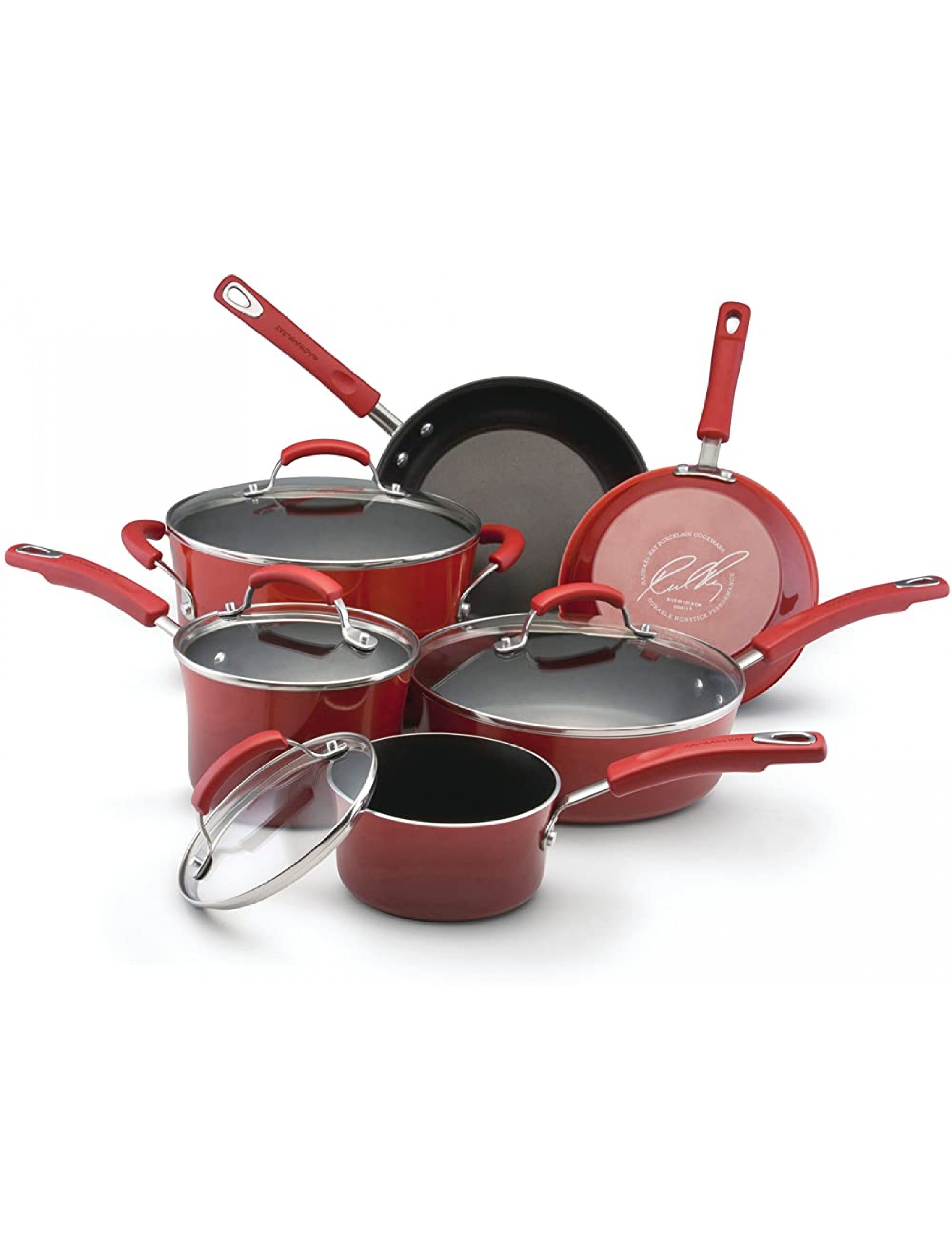 Rachael Ray Brights Nonstick Cookware Set Pots and Pans Set 10 Piece Red - B8H71WLL0