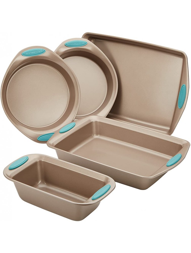 Rachael Ray Cucina Nonstick Cookware Pots and Pans Set 12 Piece Agave Blue & Cucina Nonstick Bakeware Set with Grips includes Nonstick Bread Pan 5 Piece Latte Brown with Agave Blue Handle Grips - BRUF1WW9B