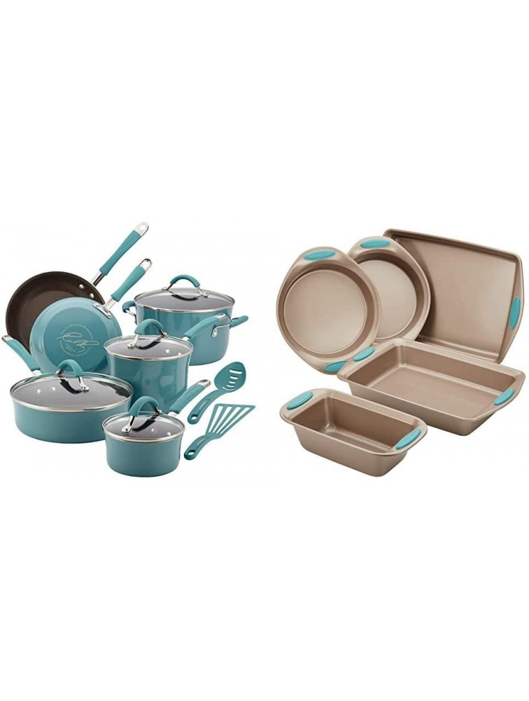 Rachael Ray Cucina Nonstick Cookware Pots and Pans Set 12 Piece Agave Blue & Cucina Nonstick Bakeware Set with Grips includes Nonstick Bread Pan 5 Piece Latte Brown with Agave Blue Handle Grips - BRUF1WW9B